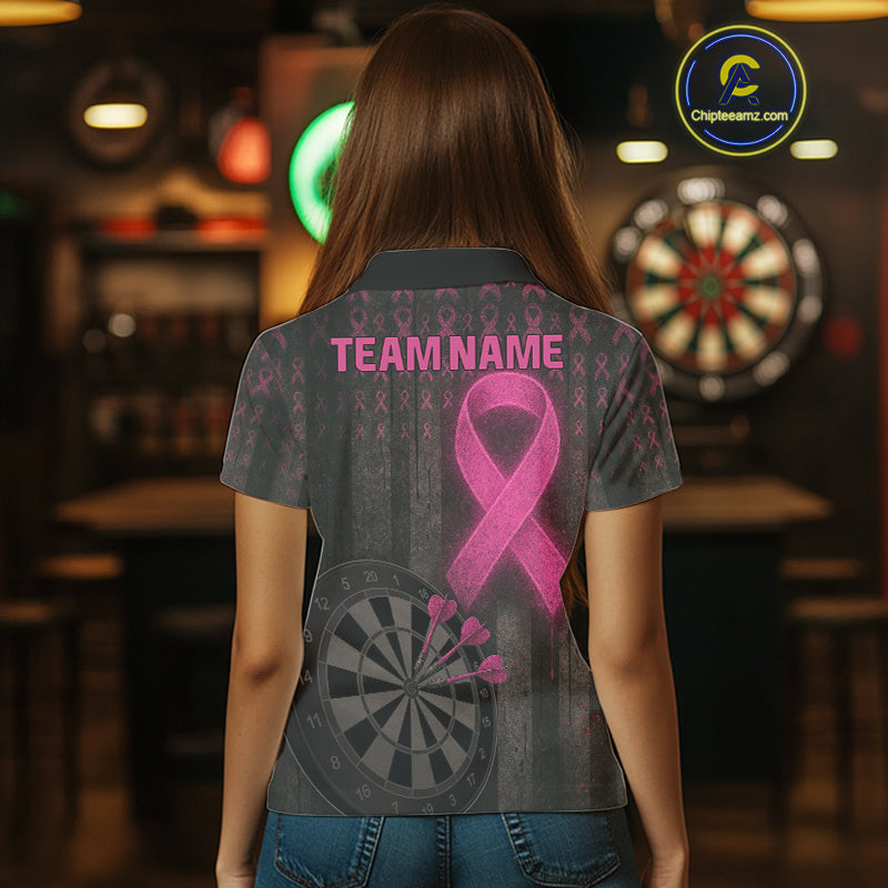 Grunge Pink Ribbon Dartboard Custom Breast Cancer Awareness Darts Polo Shirt For Women NYN1825