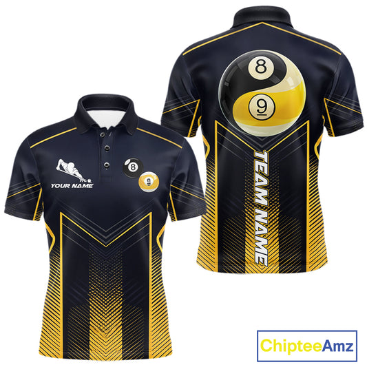 Men's billiard polo featuring yellow lightning, Yin Yang artwork with 8 ball and 9 ball graphics, personalized pool apparel for APA leagues, Zen lifestyle enthusiasts and tournament players, symbolizing balance, focus and precision.
