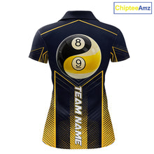 Load image into Gallery viewer, Women's billiard polo with vibrant yellow strike effects, Yin Yang artwork and billiard balls, custom pool apparel for APA leagues, Zen lifestyle enthusiasts and tournament players