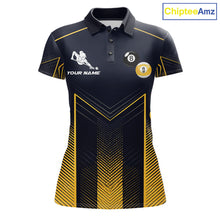 Load image into Gallery viewer, Women's billiard polo with vibrant yellow strike effects, Yin Yang artwork and billiard balls, custom pool apparel for APA leagues, Zen lifestyle enthusiasts and tournament players