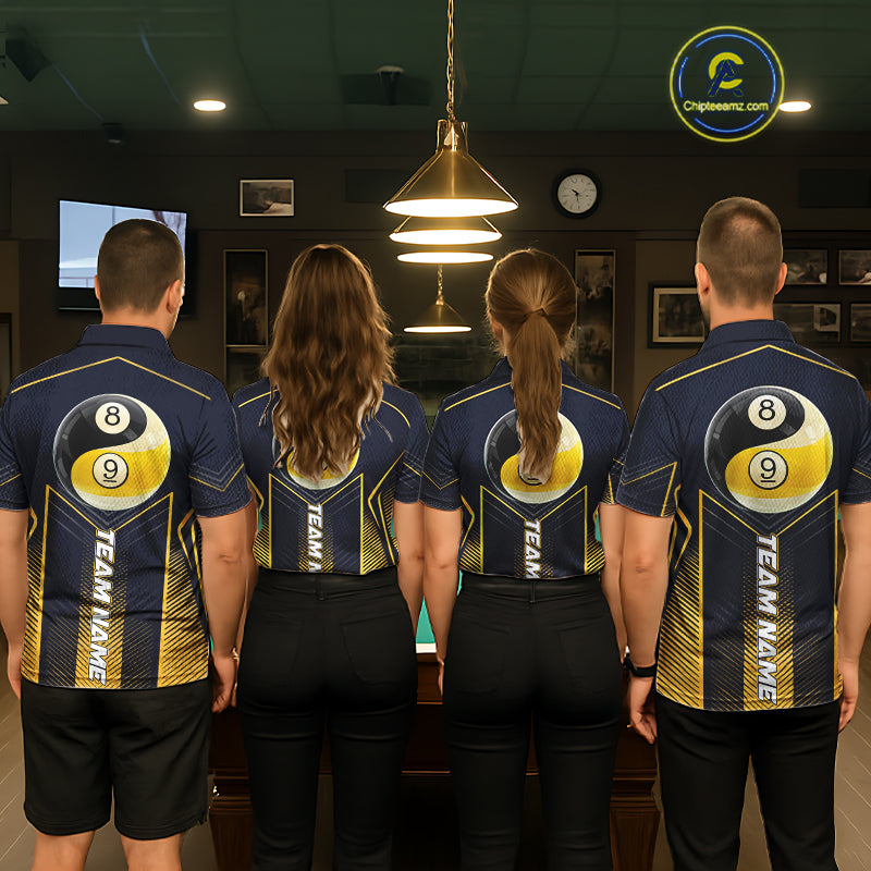 Men women pool team wearing matching Yin Yang billiard jerseys for league championships, representing teamwork, balance, discipline and competitive excellence.