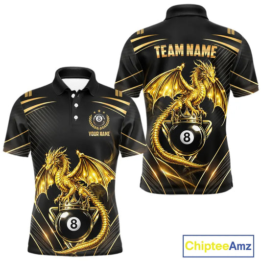 Black & Gold 8 Ball Crown Men's Billiard Team Shirt Custom Dragon Pool Billiard Jerseys NYN2348