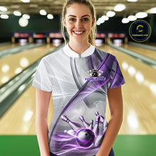 Load image into Gallery viewer, Female bowler wearing white and purple smoke bowling jersey during league competition, premium bowling apparel for USBC tournaments, bowling enthusiasts and women's sports teams, symbolizing confidence, teamwork and determination.