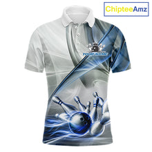 Load image into Gallery viewer, White &amp; Blue Smoke Bowling Ball &amp; Pins Shirt For Men Custom Polo 1/4-Zip Team Shirt Bowling Jersey NYN3670