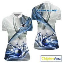 Load image into Gallery viewer, Women's quarter-zip bowling jersey featuring white and blue smoke with bowling ball and pin artwork, premium moisture-wicking performance apparel for bowling tournaments and league uniforms, representing focus, discipline and victory.