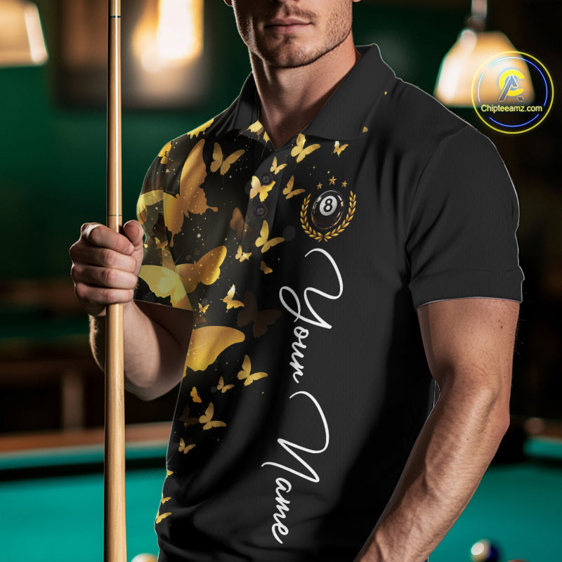Male billiard player wearing funny butterfly yellow lightning billiard jersey during tournament play, premium sports apparel for competitive athletes, artistic sportswear fans and billiard enthusiasts, symbolizing confidence, growth and elite performance.