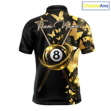 Load image into Gallery viewer, Men's billiard polo featuring funny butterfly, yellow lightning and glowing 8 ball graphics, personalized performance pool apparel for APA leagues, BCA tournaments, butterfly lovers, fantasy art enthusiasts and custom team uniforms, symbolizing transformation, optimism and victory.