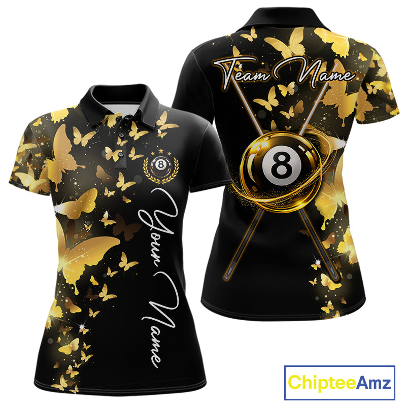 Women's billiard polo featuring funny butterfly, yellow lightning and glowing 8 ball graphics, personalized performance pool apparel for APA leagues, BCA tournaments, butterfly lovers, fantasy art fans and custom billiard teams, symbolizing transformation, optimism, energy and competitive excellence.