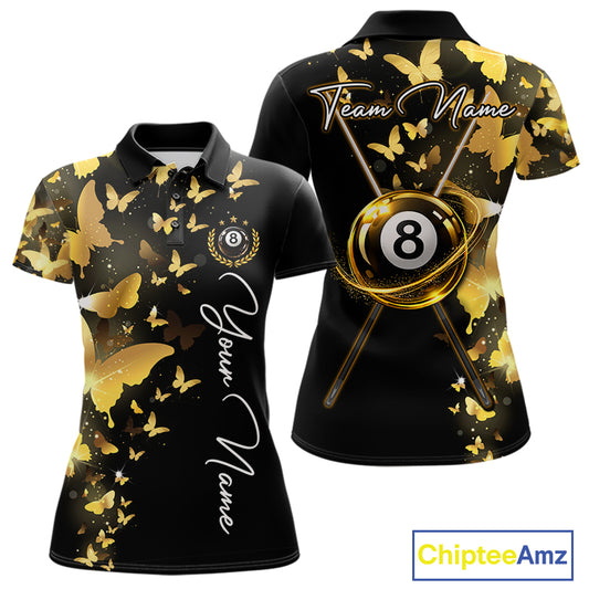 Women's billiard polo featuring funny butterfly, yellow lightning and glowing 8 ball graphics, personalized performance pool apparel for APA leagues, BCA tournaments, butterfly lovers, fantasy art fans and custom billiard teams, symbolizing transformation, optimism, energy and competitive excellence.