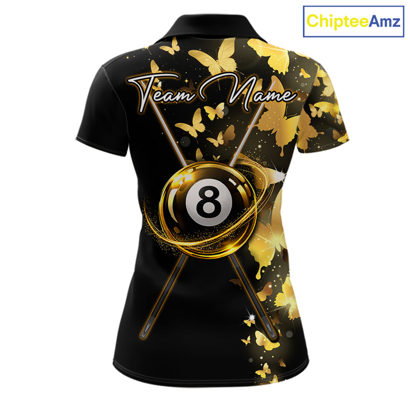 Women's billiard polo featuring funny butterfly, yellow lightning and glowing 8 ball graphics, personalized performance pool apparel for APA leagues, BCA tournaments, butterfly lovers, fantasy art fans and custom billiard teams, symbolizing transformation, optimism, energy and competitive excellence.