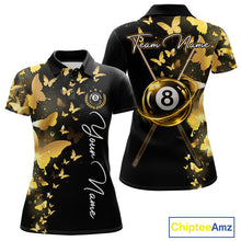 Load image into Gallery viewer, Women's billiard polo featuring funny butterfly, yellow lightning and glowing 8 ball graphics, personalized performance pool apparel for APA leagues, BCA tournaments, butterfly lovers, fantasy art fans and custom billiard teams, symbolizing transformation, optimism, energy and competitive excellence.