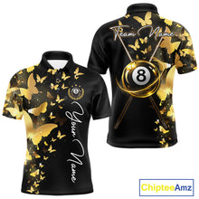 Load image into Gallery viewer, Men's billiard polo featuring funny butterfly, yellow lightning and glowing 8 ball graphics, personalized performance pool apparel for APA leagues, BCA tournaments, butterfly lovers, fantasy art enthusiasts and custom team uniforms, symbolizing transformation, optimism and victory.