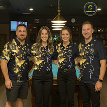 Load image into Gallery viewer, Men women billiard team wearing matching butterfly yellow lightning jerseys during APA league championships, custom team uniforms representing unity, teamwork, transformation, positive energy and championship spirit.