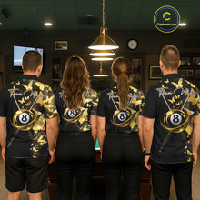 Load image into Gallery viewer, Men women billiard team wearing matching butterfly yellow lightning jerseys during APA league championships, custom team uniforms representing unity, teamwork, transformation, positive energy and championship spirit.