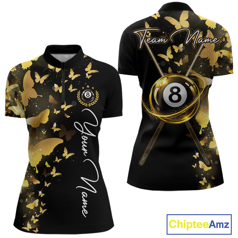 Women's quarter-zip billiard jersey featuring yellow lightning, butterfly artwork and realistic 8 ball graphics, moisture-wicking performance apparel for APA tournaments, pool clubs and championship teams, representing confidence, precision, resilience and victory.