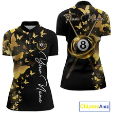 Load image into Gallery viewer, Women's quarter-zip billiard jersey featuring yellow lightning, butterfly artwork and realistic 8 ball graphics, moisture-wicking performance apparel for APA tournaments, pool clubs and championship teams, representing confidence, precision, resilience and victory.