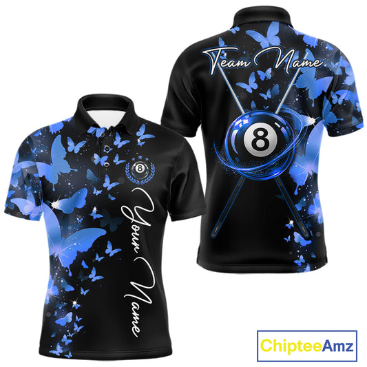 Men's billiard polo featuring butterfly, blue lightning and realistic 8 ball graphics, personalized performance pool shirt for APA leagues, artistic athletes, butterfly lovers and competitive billiard teams, symbolizing wisdom, freedom and precision.