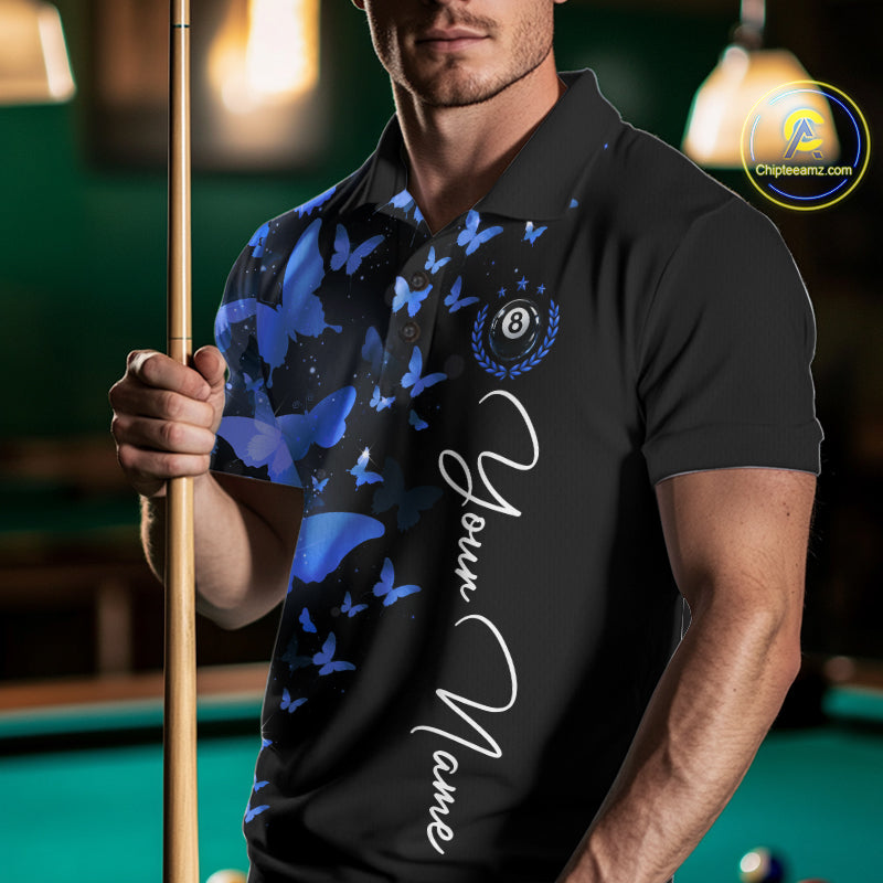 Male billiard player wearing blue lightning butterfly jersey during championship tournament, premium athletic apparel for artistic competitors, nature enthusiasts and league champions, symbolizing determination, confidence and competitive success.