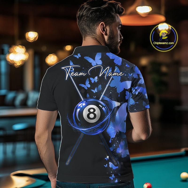 Male billiard player wearing blue lightning butterfly jersey during championship tournament, premium athletic apparel for artistic competitors, nature enthusiasts and league champions, symbolizing determination, confidence and competitive success.