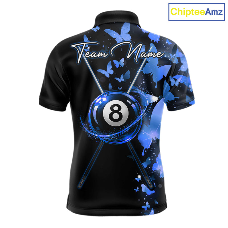 Men's billiard polo featuring butterfly, blue lightning and realistic 8 ball graphics, personalized performance pool shirt for APA leagues, artistic athletes, butterfly lovers and competitive billiard teams, symbolizing wisdom, freedom and precision.