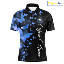 Load image into Gallery viewer, Men's billiard polo featuring butterfly, blue lightning and realistic 8 ball graphics, personalized performance pool shirt for APA leagues, artistic athletes, butterfly lovers and competitive billiard teams, symbolizing wisdom, freedom and precision.