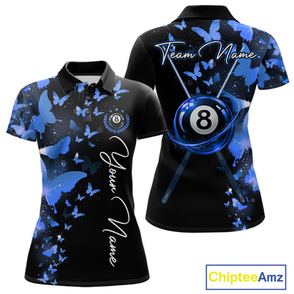 Women's billiard polo featuring butterfly, blue lightning and realistic 8 ball graphics, personalized performance pool shirt for APA leagues, butterfly lovers, artistic athletes and custom billiard teams, symbolizing freedom, balance, wisdom and precision.