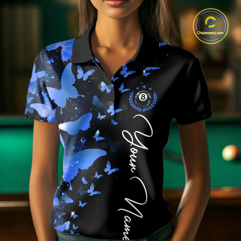 Female billiard player wearing blue lightning butterfly jersey during billiard tournament, premium sports apparel for artistic competitors, nature enthusiasts and league champions, symbolizing calm confidence, determination and elite performance.