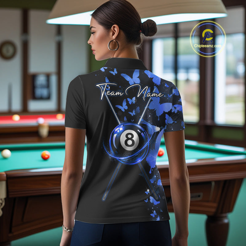 Female billiard player wearing blue lightning butterfly jersey during billiard tournament, premium sports apparel for artistic competitors, nature enthusiasts and league champions, symbolizing calm confidence, determination and elite performance.