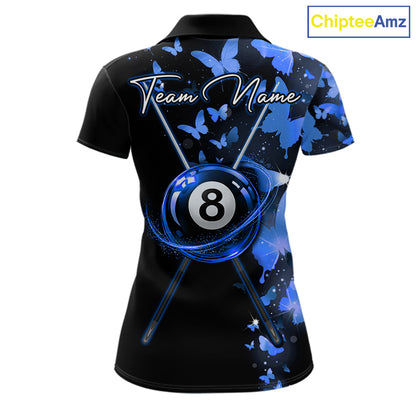 Women's billiard polo featuring butterfly, blue lightning and realistic 8 ball graphics, personalized performance pool shirt for APA leagues, butterfly lovers, artistic athletes and custom billiard teams, symbolizing freedom, balance, wisdom and precision.