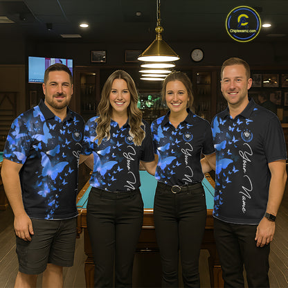Men women pool team wearing matching butterfly blue lightning jerseys during league competition, personalized uniforms representing teamwork, harmony, focus, sportsmanship and championship success.