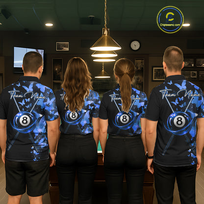 Men women pool team wearing matching butterfly blue lightning jerseys during league competition, personalized uniforms representing teamwork, harmony, focus, sportsmanship and championship success.