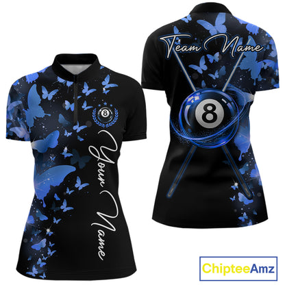 Women's quarter-zip billiard jersey featuring electric blue lightning with butterfly artwork and 8 ball graphics, custom tournament apparel for league play, BCA championships and professional pool teams, representing focus, confidence and excellence