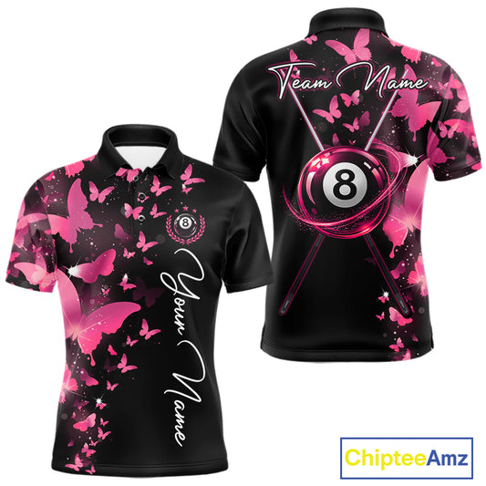 Men's billiard polo featuring funny butterfly, pink lightning and glowing 8 ball graphics, personalized performance apparel for pool leagues, butterfly lovers, creative athletes and team uniforms, symbolizing confidence, creativity and transformation.