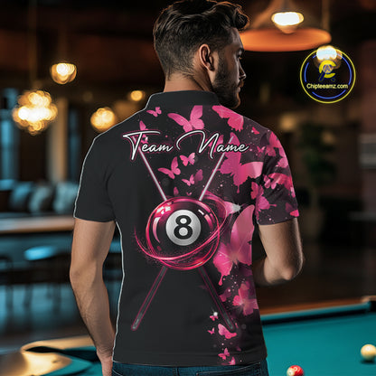 Male billiard player wearing pink lightning butterfly billiard jersey during league competition, premium athletic apparel for artistic sports enthusiasts, competitive players and butterfly fans, symbolizing confidence, originality and success.