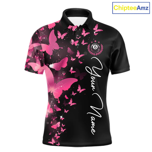 Men's billiard polo featuring funny butterfly, pink lightning and glowing 8 ball graphics, personalized performance apparel for pool leagues, butterfly lovers, creative athletes and team uniforms, symbolizing confidence, creativity and transformation.