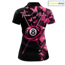 Load image into Gallery viewer, Women's billiard polo featuring funny butterfly, pink lightning and glowing 8 ball graphics, personalized performance apparel for women's pool leagues, butterfly lovers, creative athletes and custom billiard uniforms, symbolizing beauty, confidence and transformation.