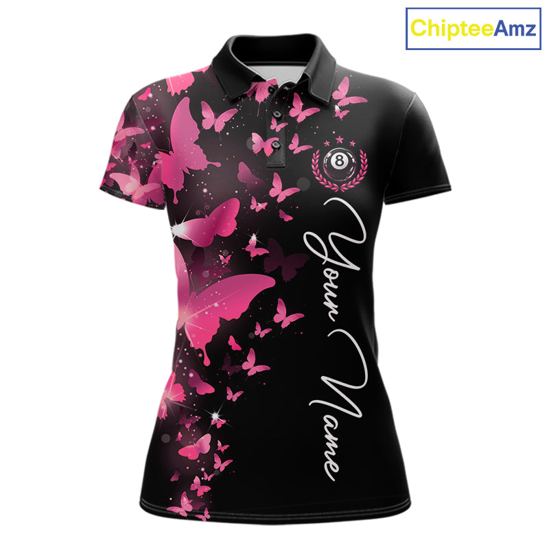 Women's billiard polo featuring funny butterfly, pink lightning and glowing 8 ball graphics, personalized performance apparel for women's pool leagues, butterfly lovers, creative athletes and custom billiard uniforms, symbolizing beauty, confidence and transformation.