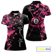 Load image into Gallery viewer, Women's billiard polo featuring funny butterfly, pink lightning and glowing 8 ball graphics, personalized performance apparel for women's pool leagues, butterfly lovers, creative athletes and custom billiard uniforms, symbolizing beauty, confidence and transformation.