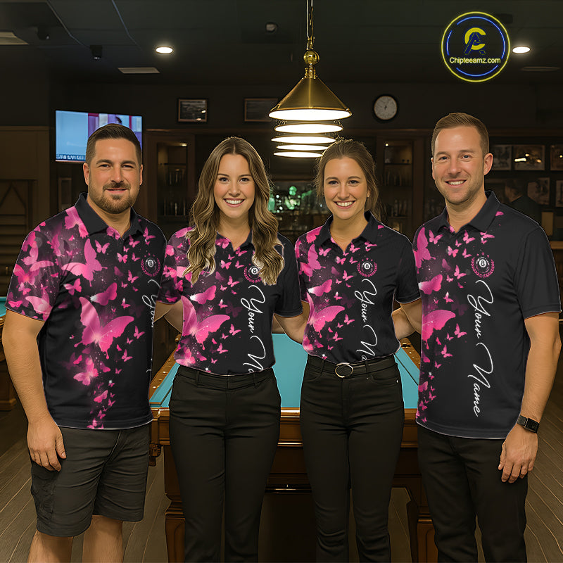 Men women billiard team wearing matching butterfly pink lightning jerseys during APA tournaments, representing teamwork, creativity, positivity, friendship and championship ambition.