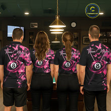 Load image into Gallery viewer, Men women billiard team wearing matching butterfly pink lightning jerseys during APA tournaments, representing teamwork, creativity, positivity, friendship and championship ambition.