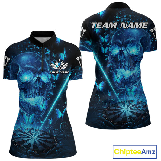 Lightning Blue Butterflies Skull Dartboard Custom Women Darts Quarter-Zip Shirt Dart Jerseys NYN1848