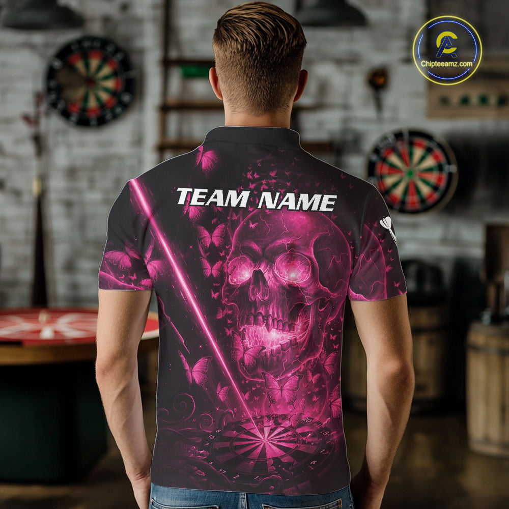 Lightning Pink Butterflies Skull Dartboard Custom Men Darts Polo Shirt Dart Jerseys NYN2355