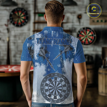 Blue Grey Grunge Dartboard Men Dart Polo & 1/4-Zip Shirt Custom Team Name Dart Jersey For Darters NYN2975