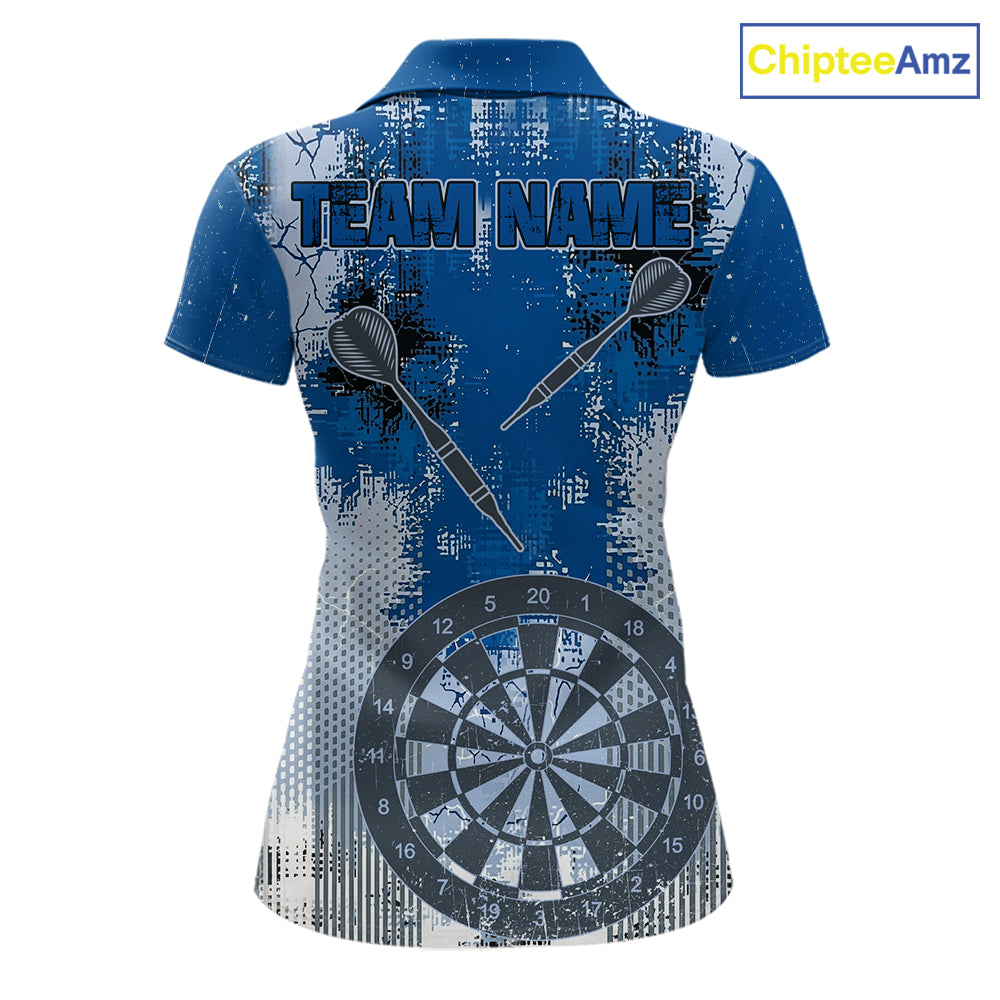 Blue Grey Grunge Dartboard Women Dart Polo & 1/4-Zip Shirt Custom Team Name Dart Jersey For Darters NYN2975