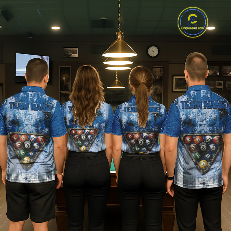 Blue Grey Grunge 8 Ball Pool Shirts Custom Women Billiard Pool Shirts Rack Billiard Team Jerseys NYN2976