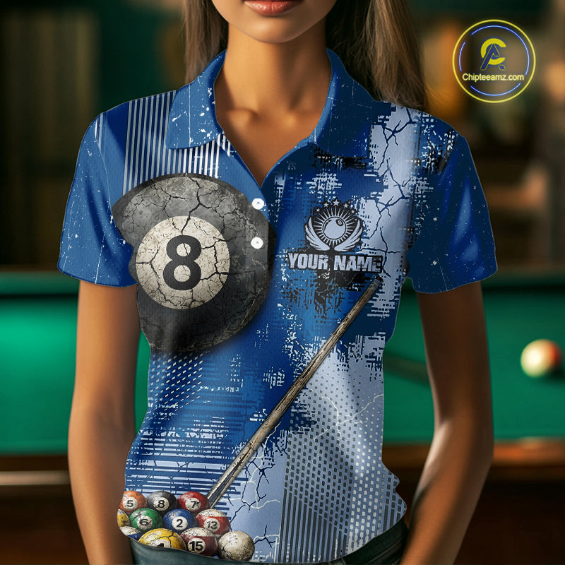 Blue Grey Grunge 8 Ball Pool Shirts Custom Women Billiard Pool Shirts Rack Billiard Team Jerseys NYN2976
