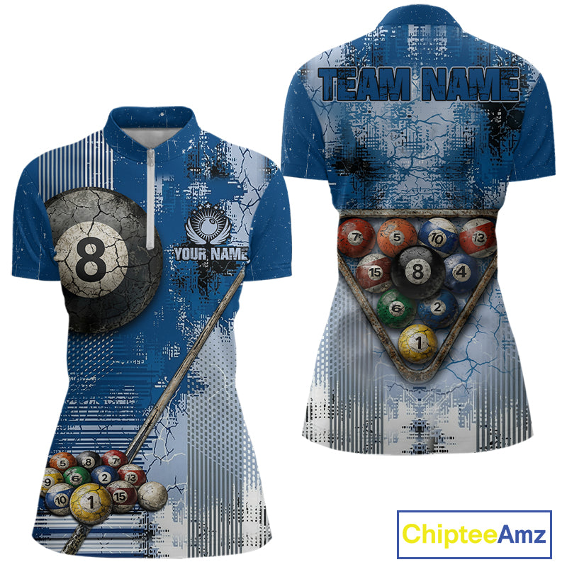 Blue Grey Grunge 8 Ball Pool Shirts Custom Women Billiard Pool Shirts Rack Billiard Team Jerseys NYN2976