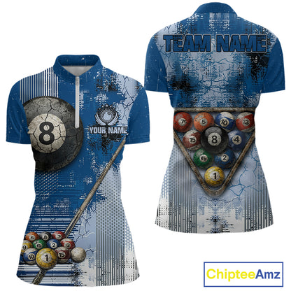 Blue Grey Grunge 8 Ball Pool Shirts Custom Women Billiard Pool Shirts Rack Billiard Team Jerseys NYN2976