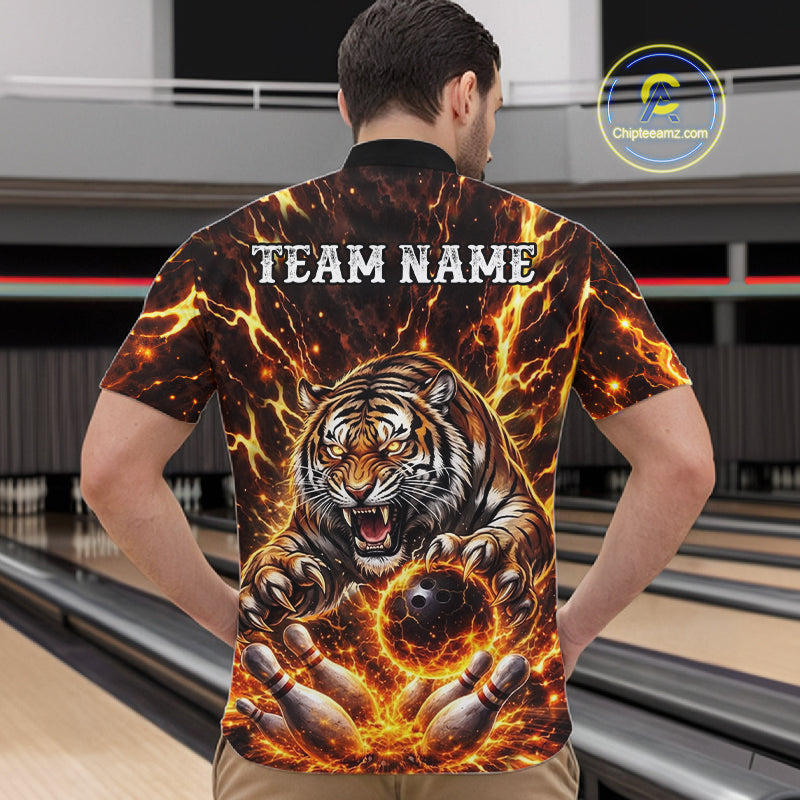 Custom Orange Fire Flaming Tiger Bowling Shirts For Men Tiger Bowling Tournament Shirt NYN3944