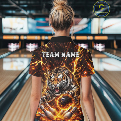 Custom Orange Fire Flaming Tiger Bowling Shirts For Women Tiger Bowling Tournament Shirt NYN3944